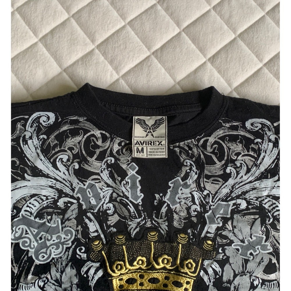 Y2K VTG Avirex Black Tee with Silver & Gold Crown Accent Sz M Streetwear Classic - Picture 3 of 3